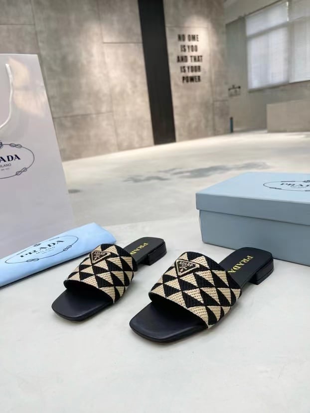Prada Embroidered Fabric Slides Black Yellow