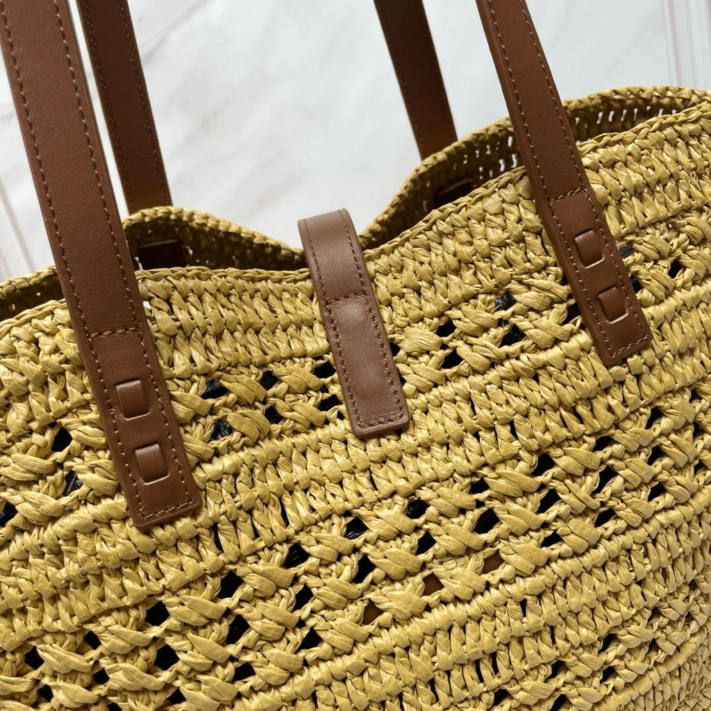 Saint Laurent Panier Medium Bag in Crochet Raffia and Smooth Leather 42cm