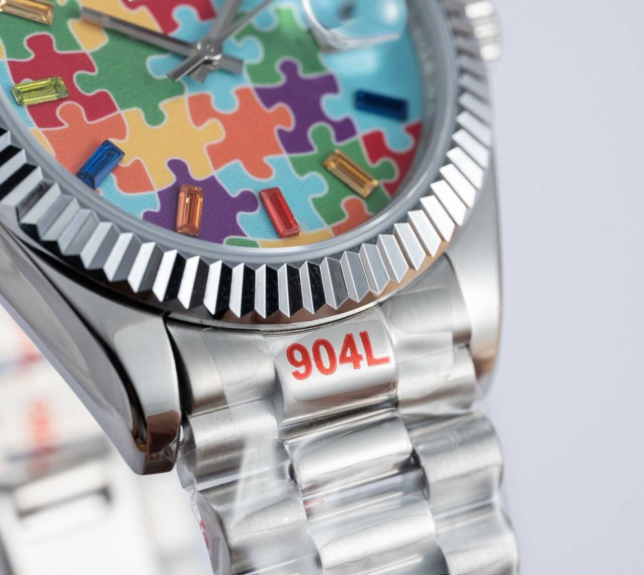 [Superclone] Rolex Day-Date 36mm Rainbow Sapphire & Puzzle Dial White President 128235