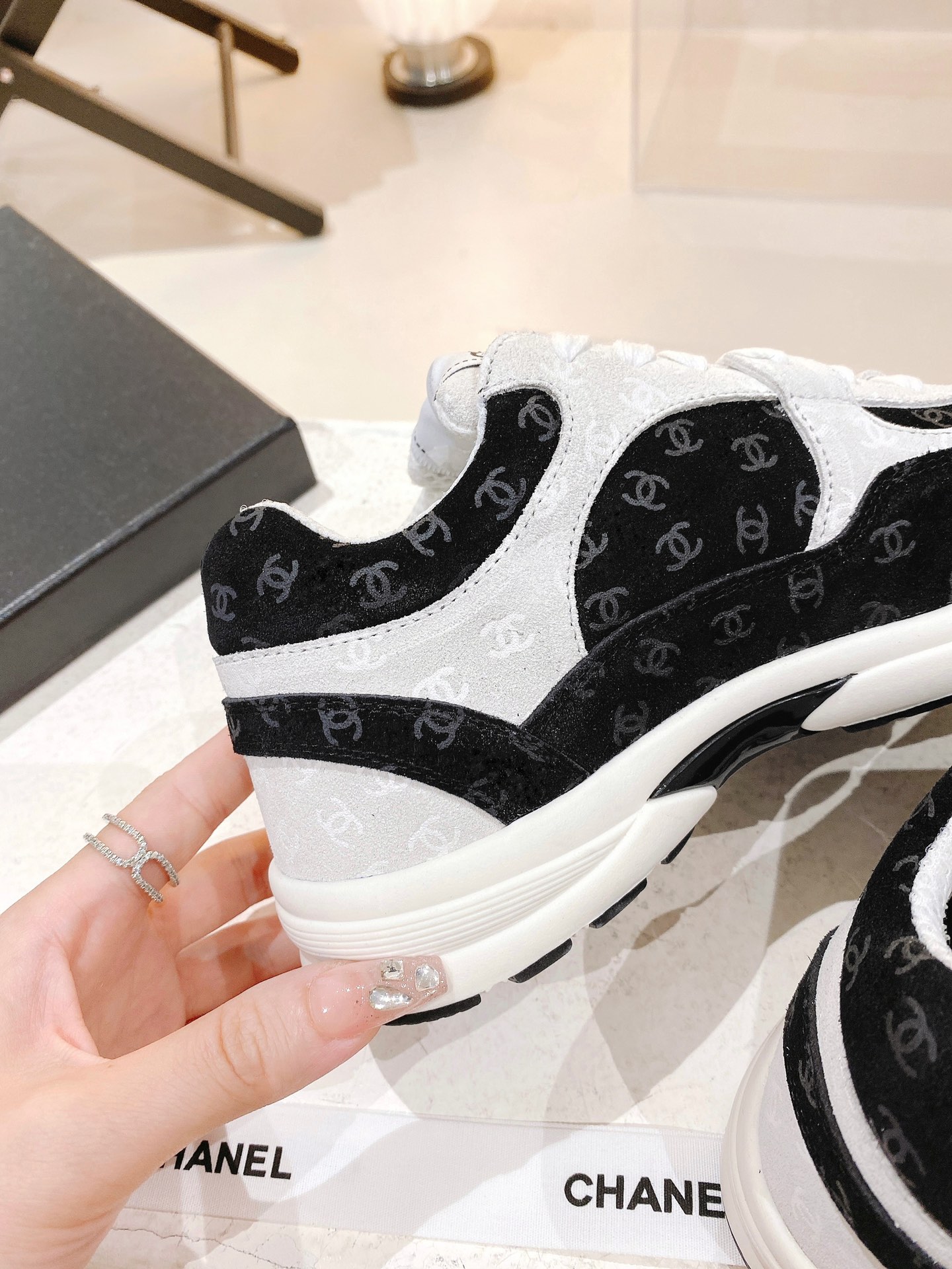 Chanel Printed Suede Calfskin Sneakers White And Black G39230 X56653 94305