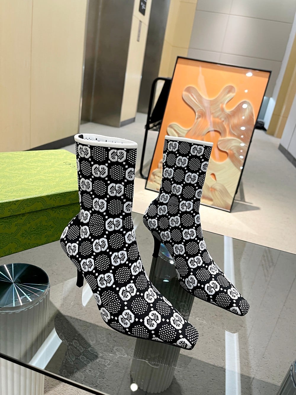 Gucci Gg 75Mm Knit Ankle Boots Black White Fabric 718378 Faaqp 1008