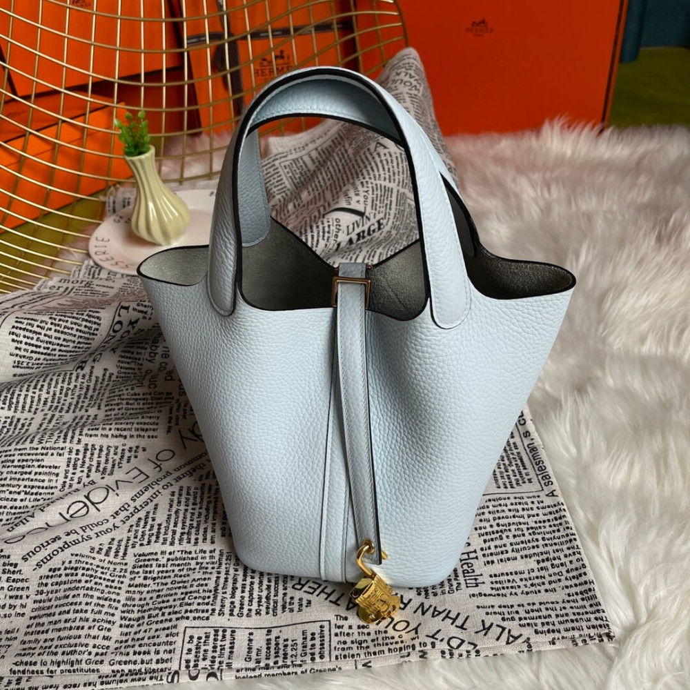 Hermes Picotin Lock Bag In Taurillon Clemence Bleu Pale 22Cm