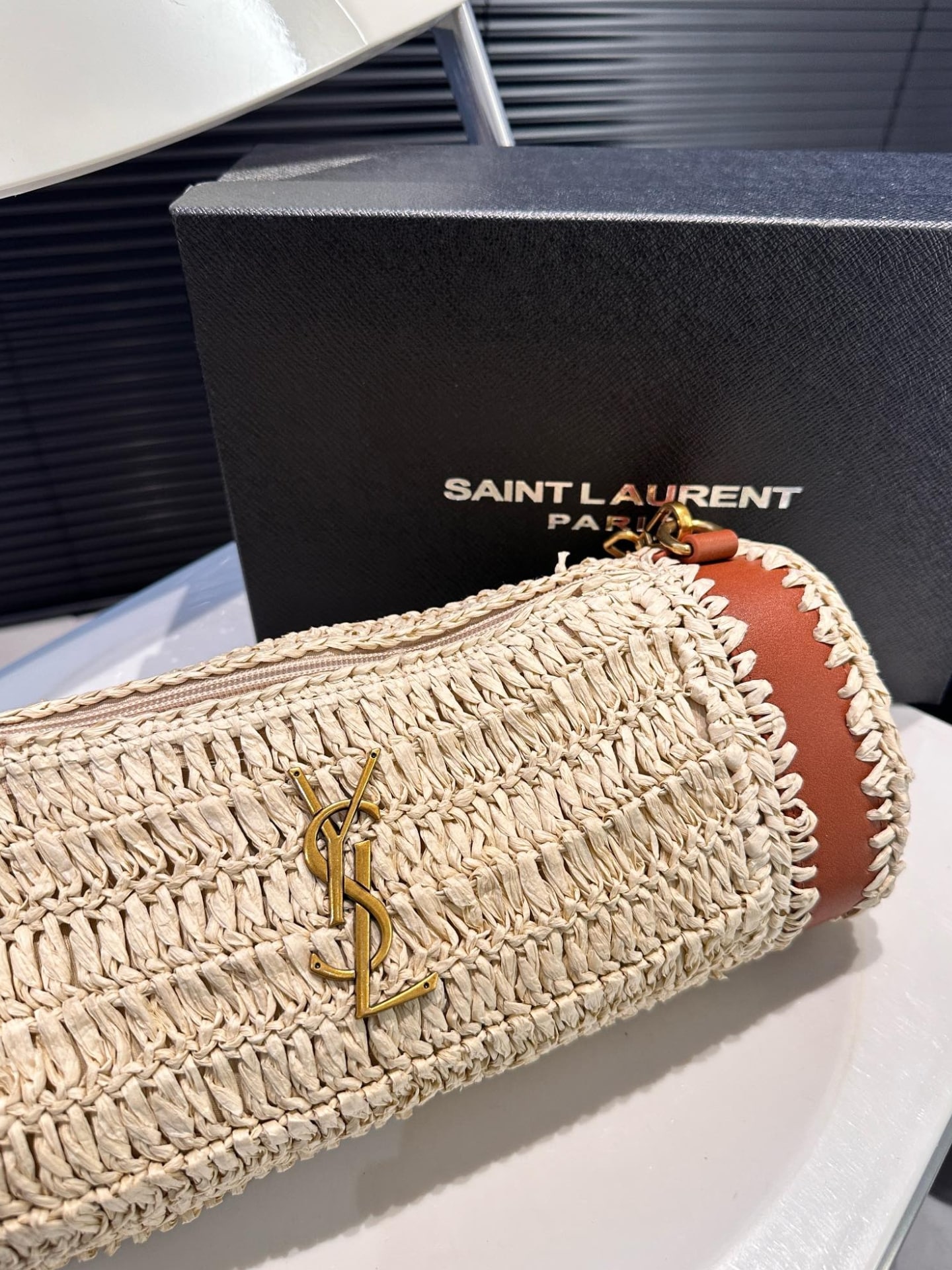 Saint Laurent Sade Raffia Tube Bag In Natural 33Cm