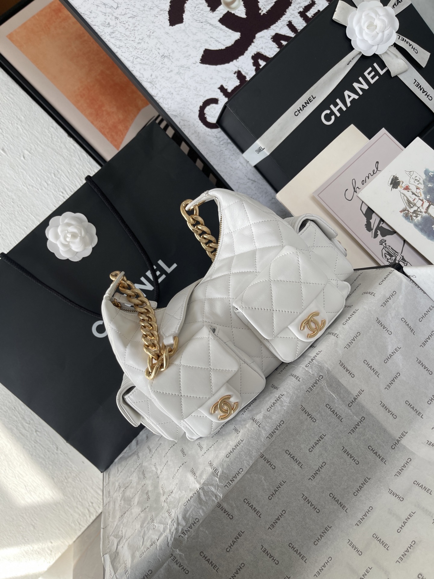 25C Multi-Pocket Hobo Bag in White Quilted Lambskin with Gold-Tone Hardware