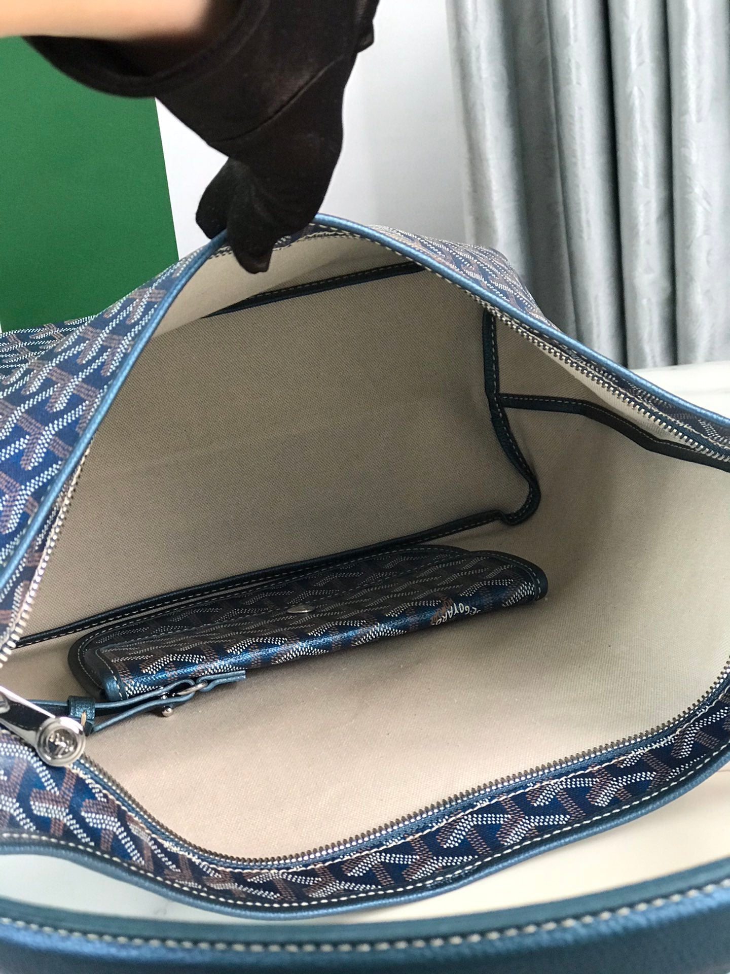 Goyard Bohème Hobo Bag 42Cm Deep Blue Canvas Chevroches Calfskin