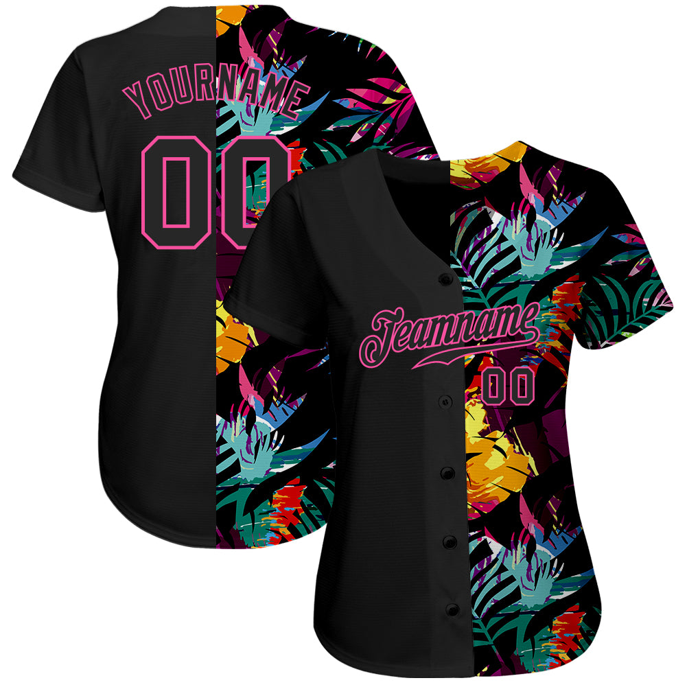 Custom Black-Pink 3D Pattern Design Tropical Palm Leaves  Baseball Jersey