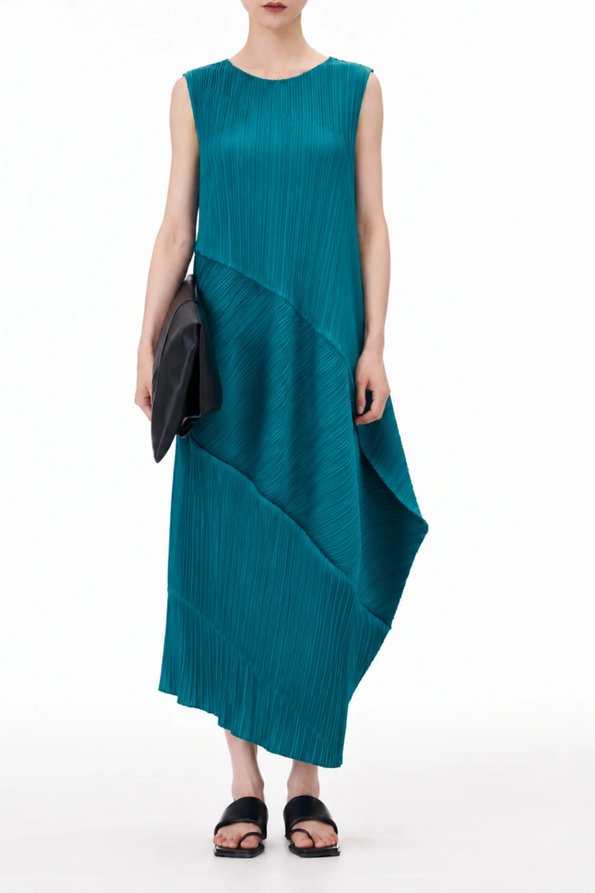 Teal Cascade Pleated Dress