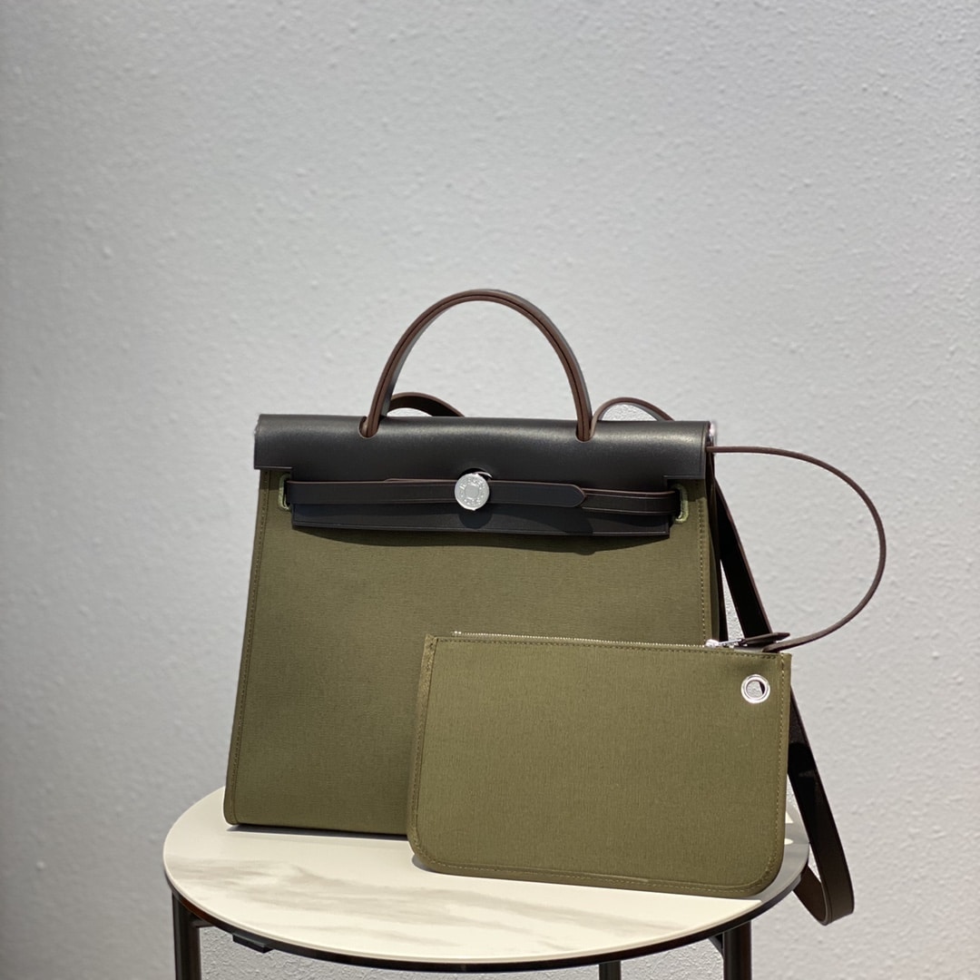 Hermes Herbag Zip 31 Bag Palladium Hardware Khaki 31Cm