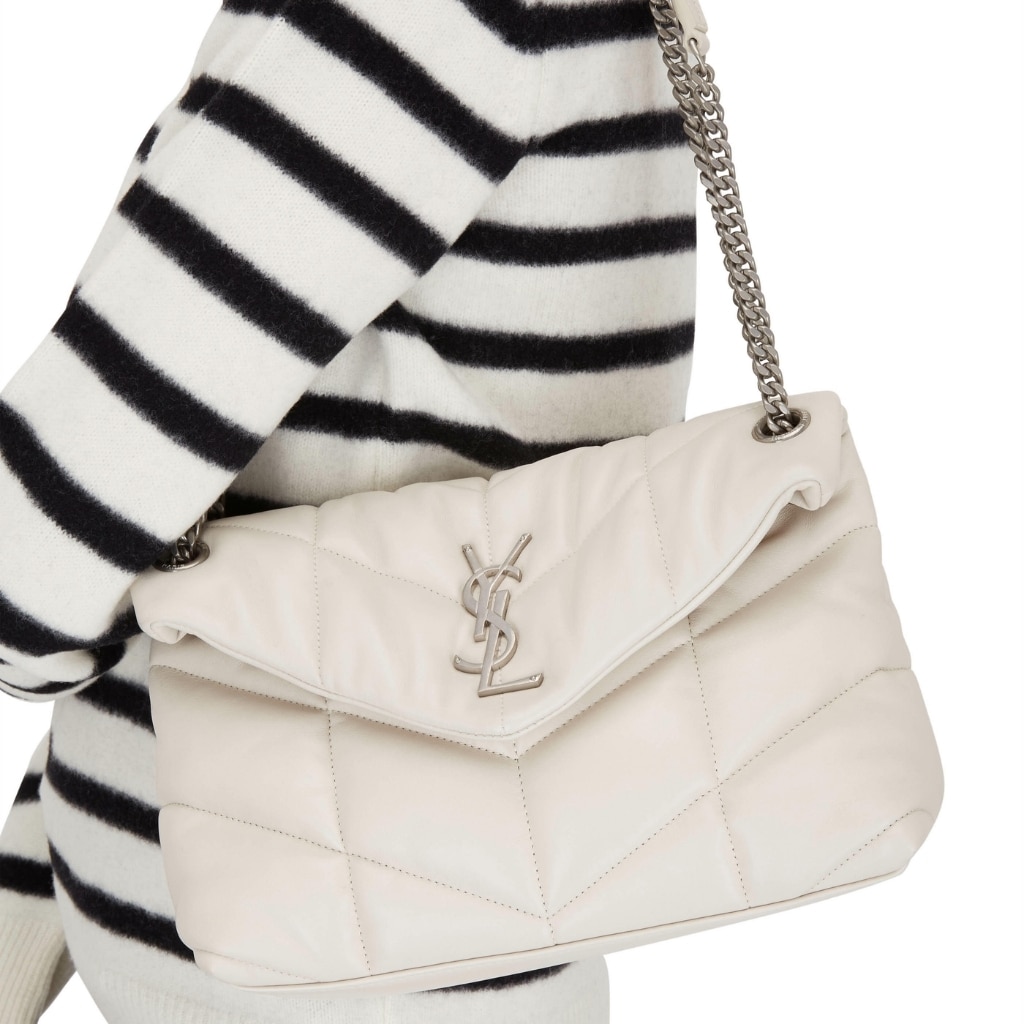 Saint Laurent Puffer Small In White Leather Silver Hardware 29cm