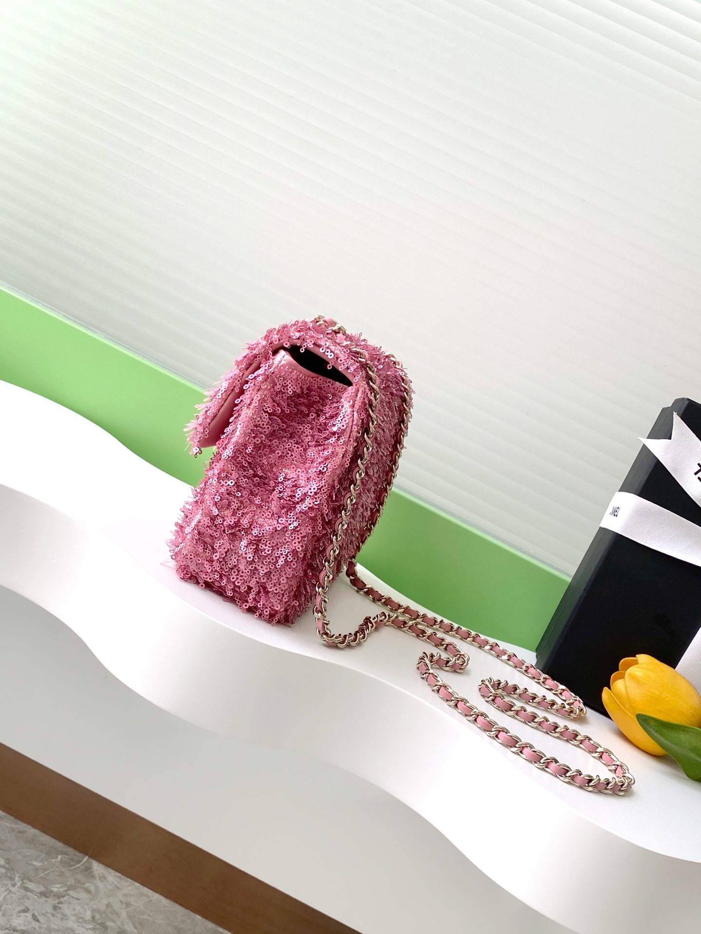2025 FallWinter Classic Flap Bag in Bright Pink Sequins (AS4561) with Light Gold-Tone Hardware