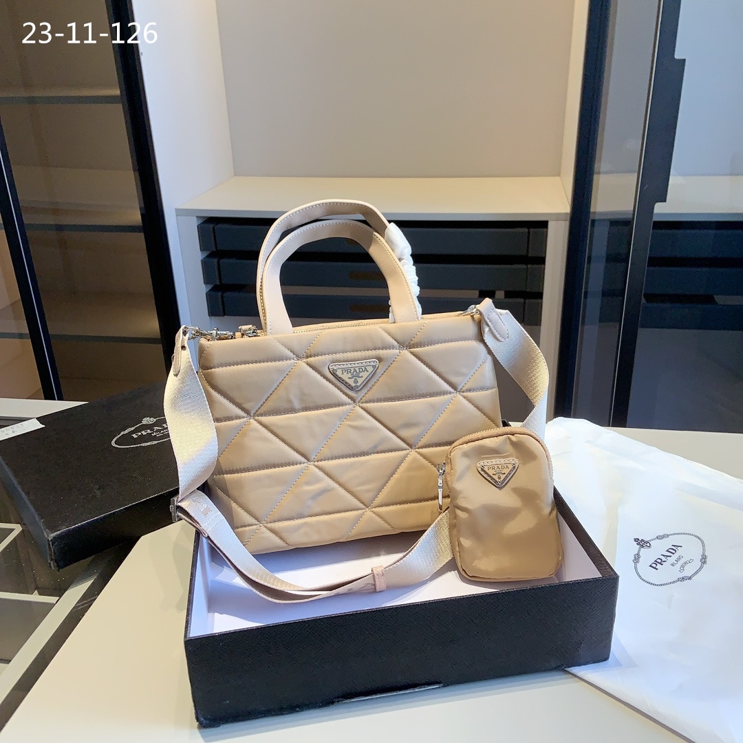 Prada Re Nylon Padded Tote Bag Beige 23Cm