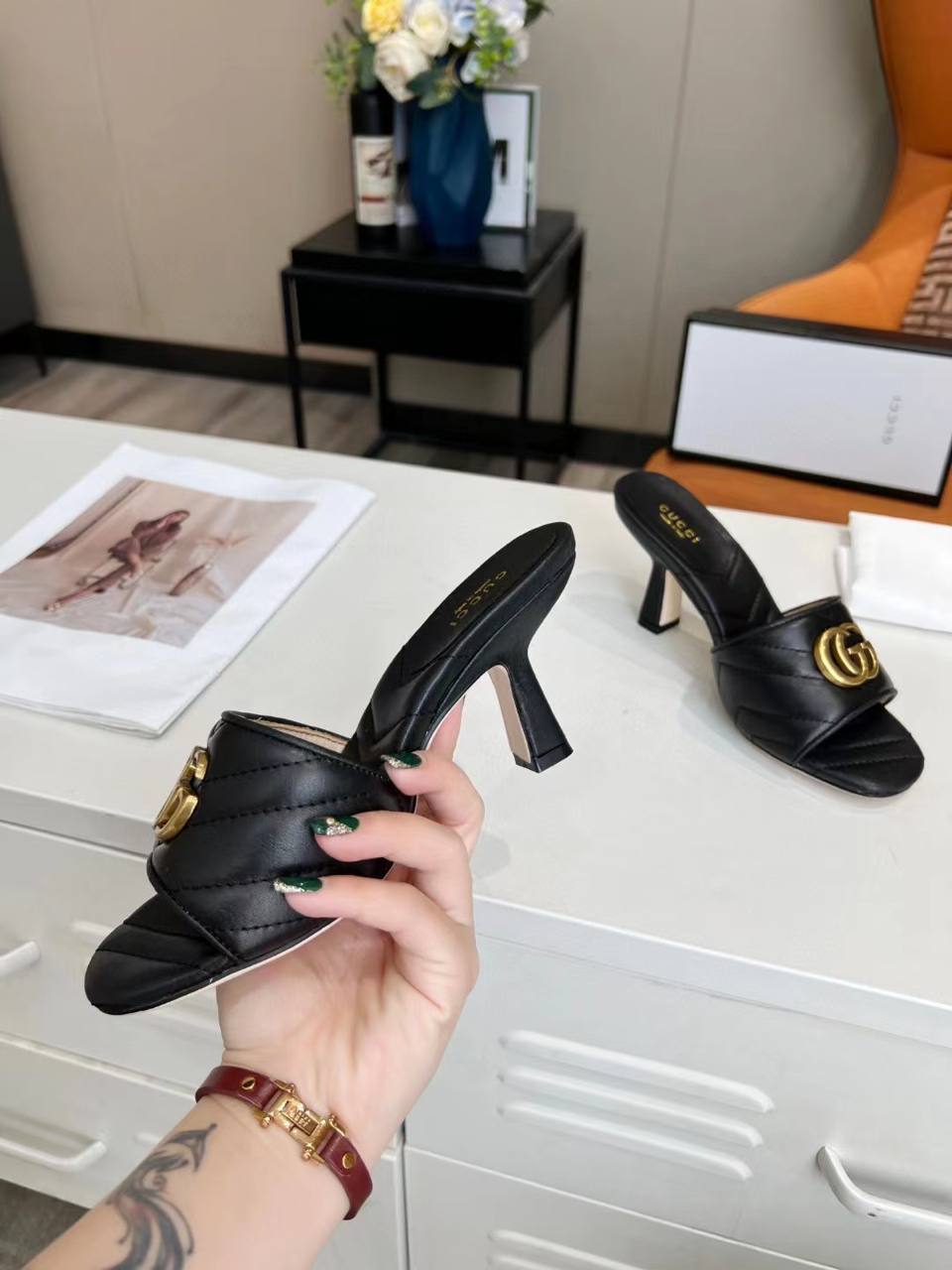 Gucci Marmont Double G Leather Mules Black 674839 Bko00 1000
