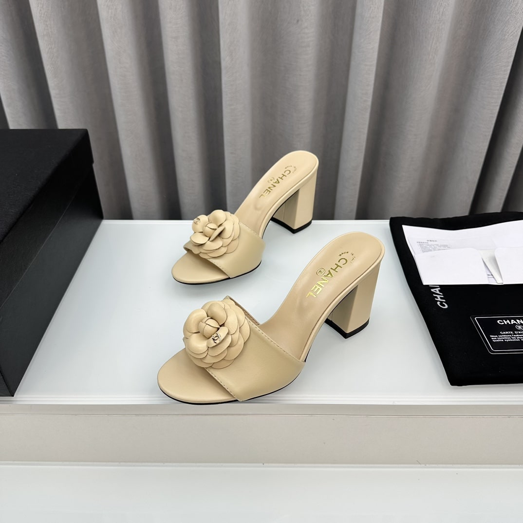 Chanel Camellia Medium Heel Slippers Beige