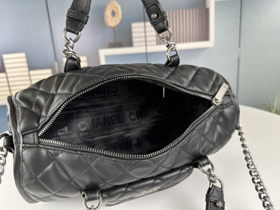 Chanel Casual Riviera Bowling Bag Quilted Calfskin Medium Black 32Cm/12.6in