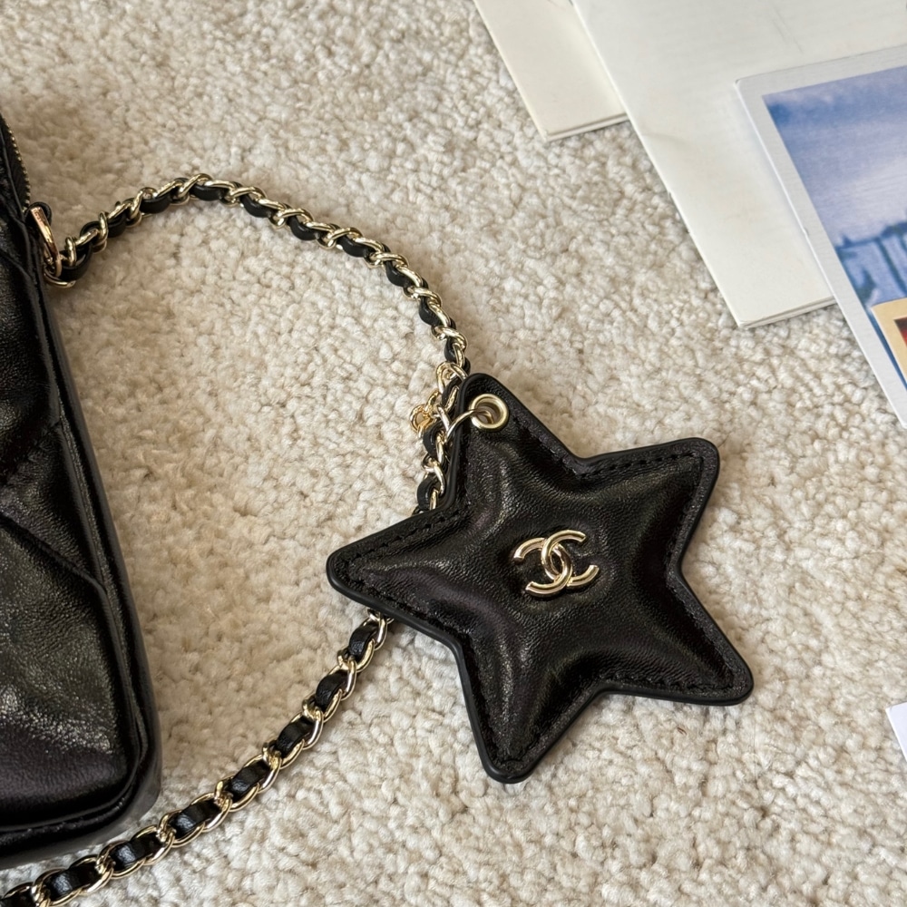 Chanel Phone Holder With Chain Shiny Crumpled And Gold Tone Metal Black 18Cm Ap4777 B21296 94305