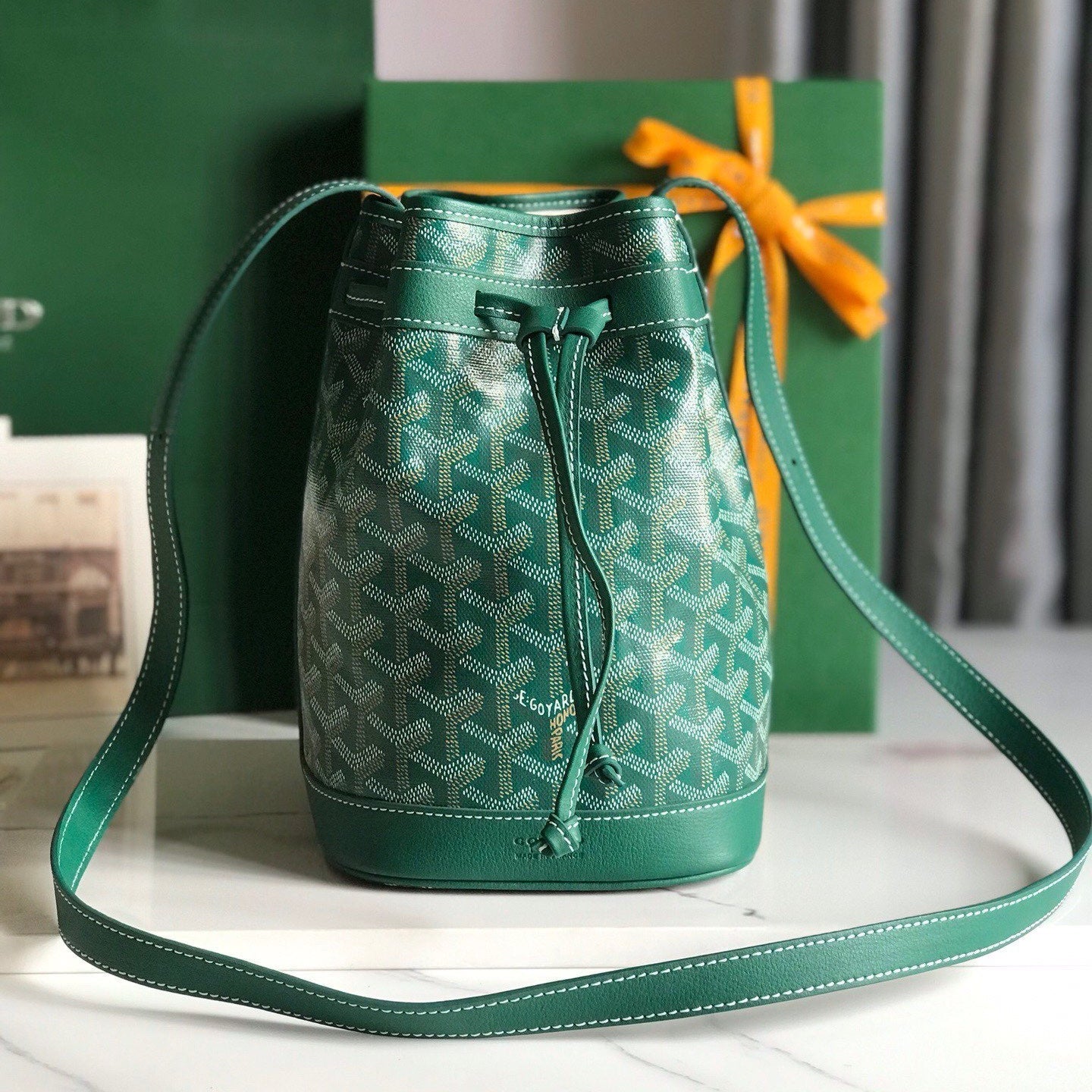 Goyard Petit Flot Bucket Bag 22 Cm Green Goyardine Canvas And Lambskin Trim