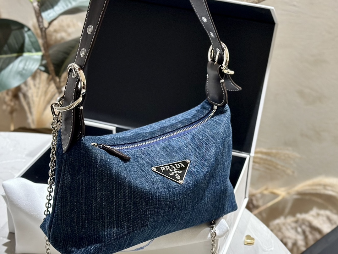 Prada Jeans Ring Shoulder Bag Denim Blue 25Cm