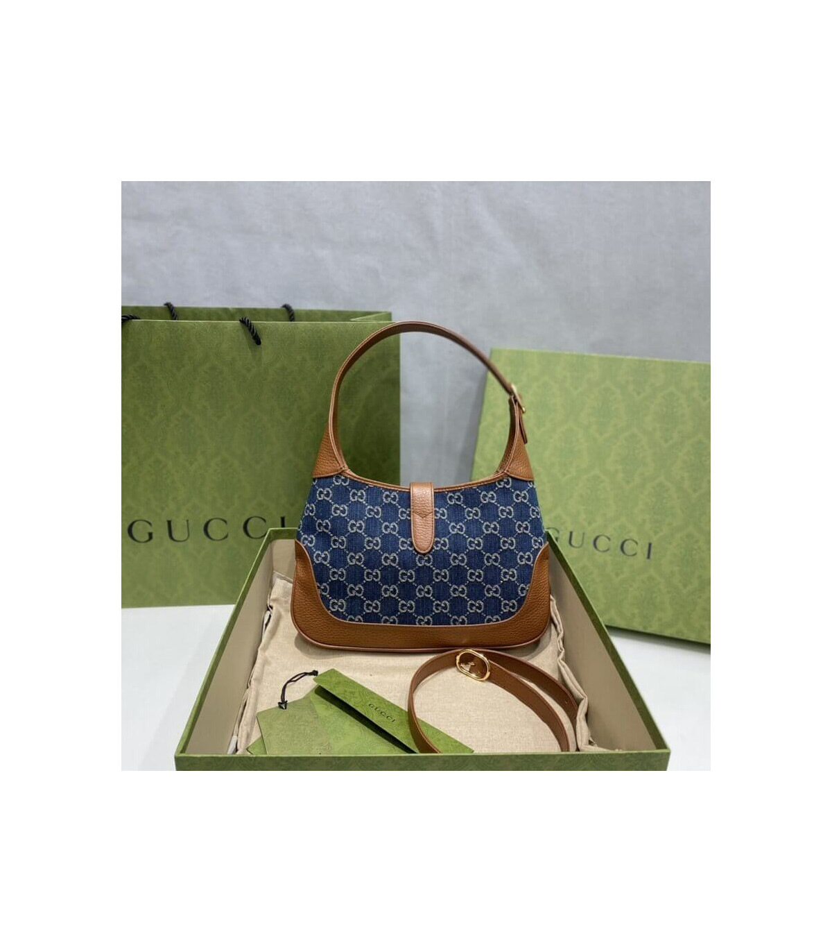 Gucci Jackie 1961 Small Shoulder Bag in Blue Jacquard Denim 28cm