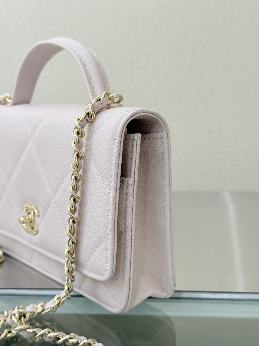 Wallet on Chain with Top Handle (AP3984) in Light Pink Caviar Leather with Gold-Tone Hardware, 25C Cruise Collection