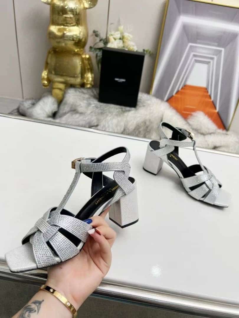 Saint Laurent Tribute Leather Sandals Metallic Silver