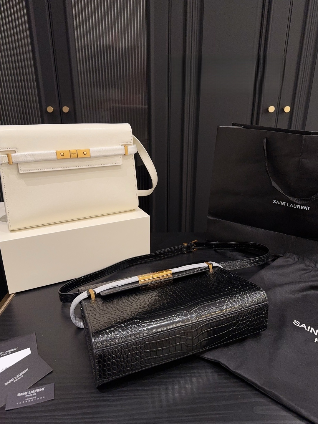 YSL Saint Laurent Manhattan Crocodile-Embossed Baguette Bag