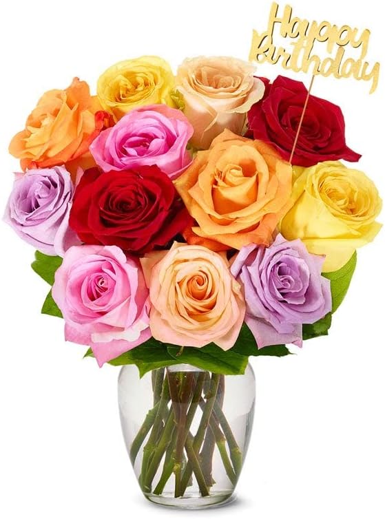 From You Flowers - One Dozen Rainbow Roses with Birthday Pick with Glass Vase