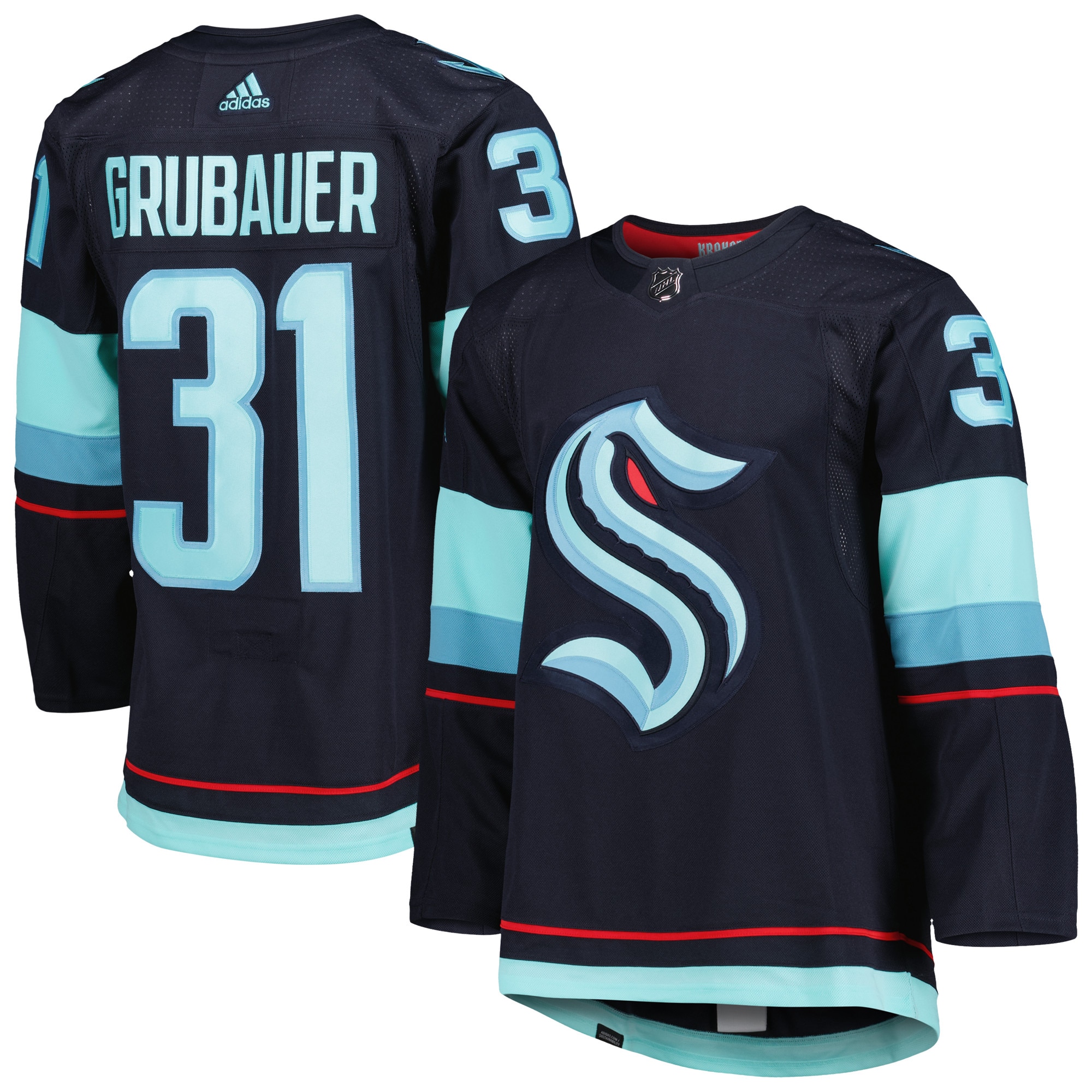 Philipp Grubauer Seattle Kraken adidas Home Primegreen Authentic Pro Player Jersey – Deep Sea Blue