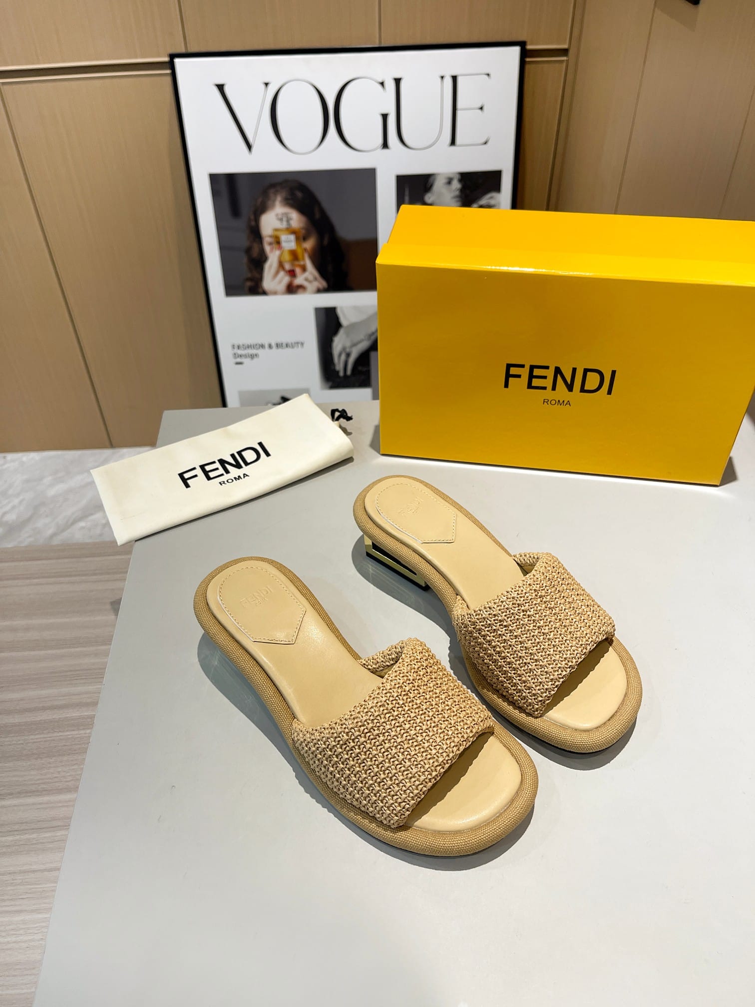 Fendi Baguette Raffia Slide Sandal Natural Neutral