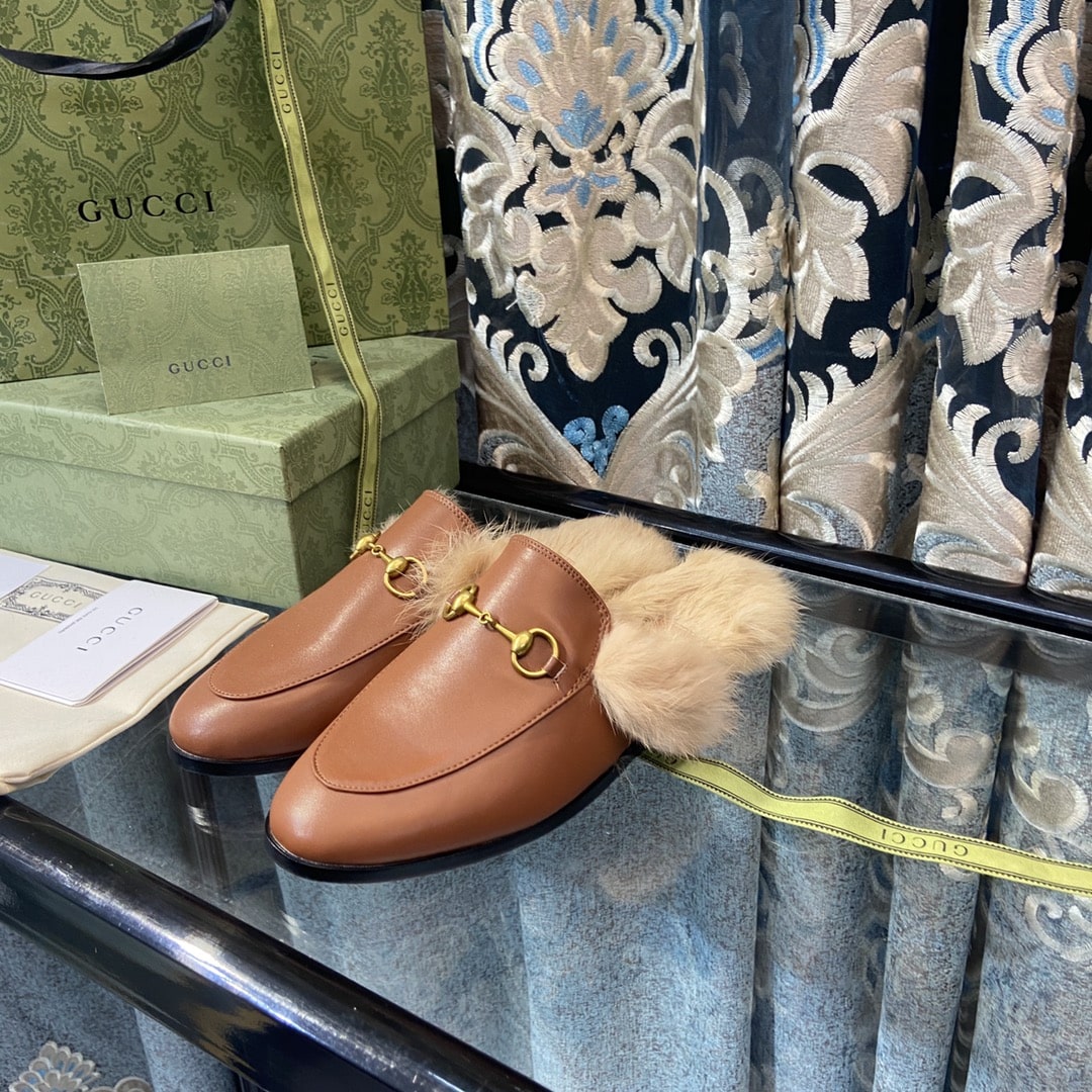 Gucci Princetown Furlined Leather Slippers In Brown
