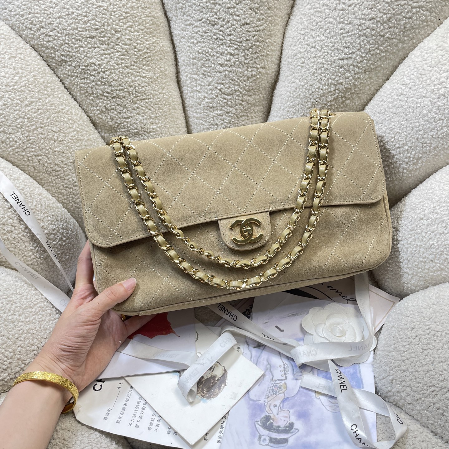 Spring-Summer 2026 Light Beige Quilted Suede Calfskin Classic Flap Handbag with Gold-Tone Hardware