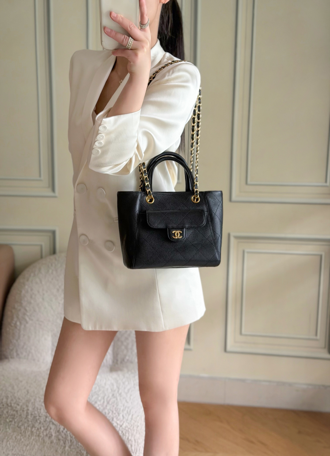 CHANEL Small Tote Grained Calfskin & Gold Tone Metal