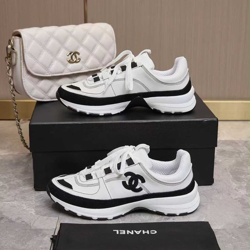 Chanel Lace Up Sneakers White Black