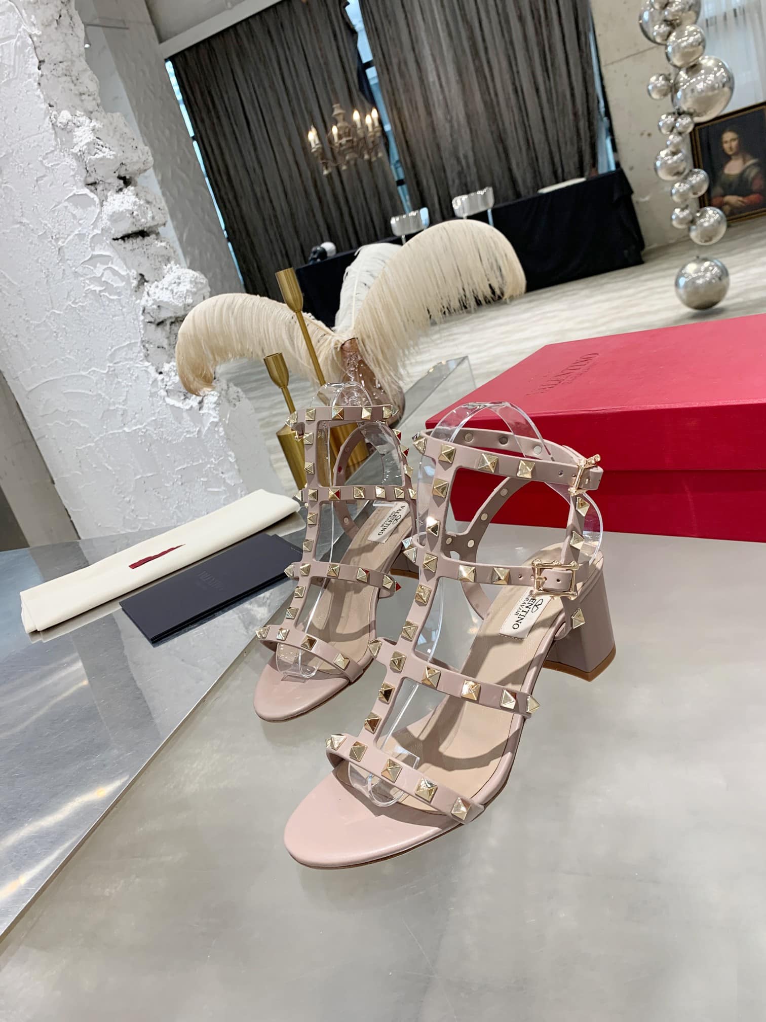 Valentino Garavani Rockstud Leather Sandals Beige