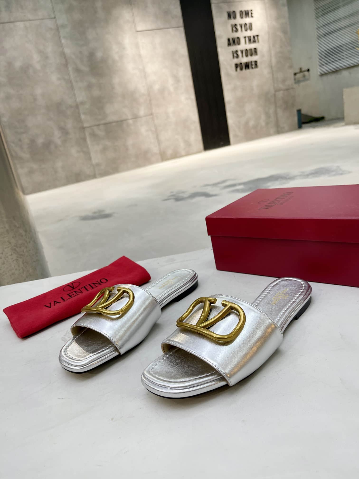 Valentino Garavani VLogo Signature Slide Sandal Silver