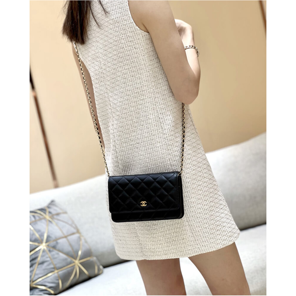 Chanel Lamb Wallet On Chain Woc Black 19cm
