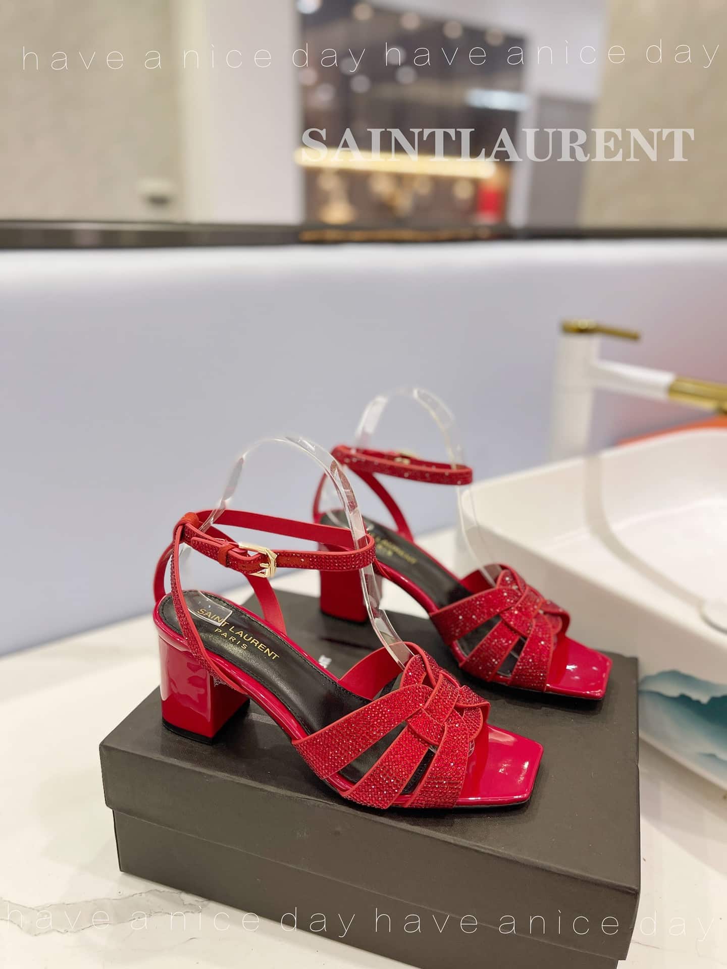 Saint Laurent Tribute Leather Sandals Metallic Red