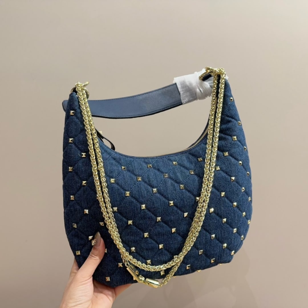 Valentino Garavani Rockstud Spike Denim Hobo Bag In Denim Blue 28Cm 3W2B0M32Bmk