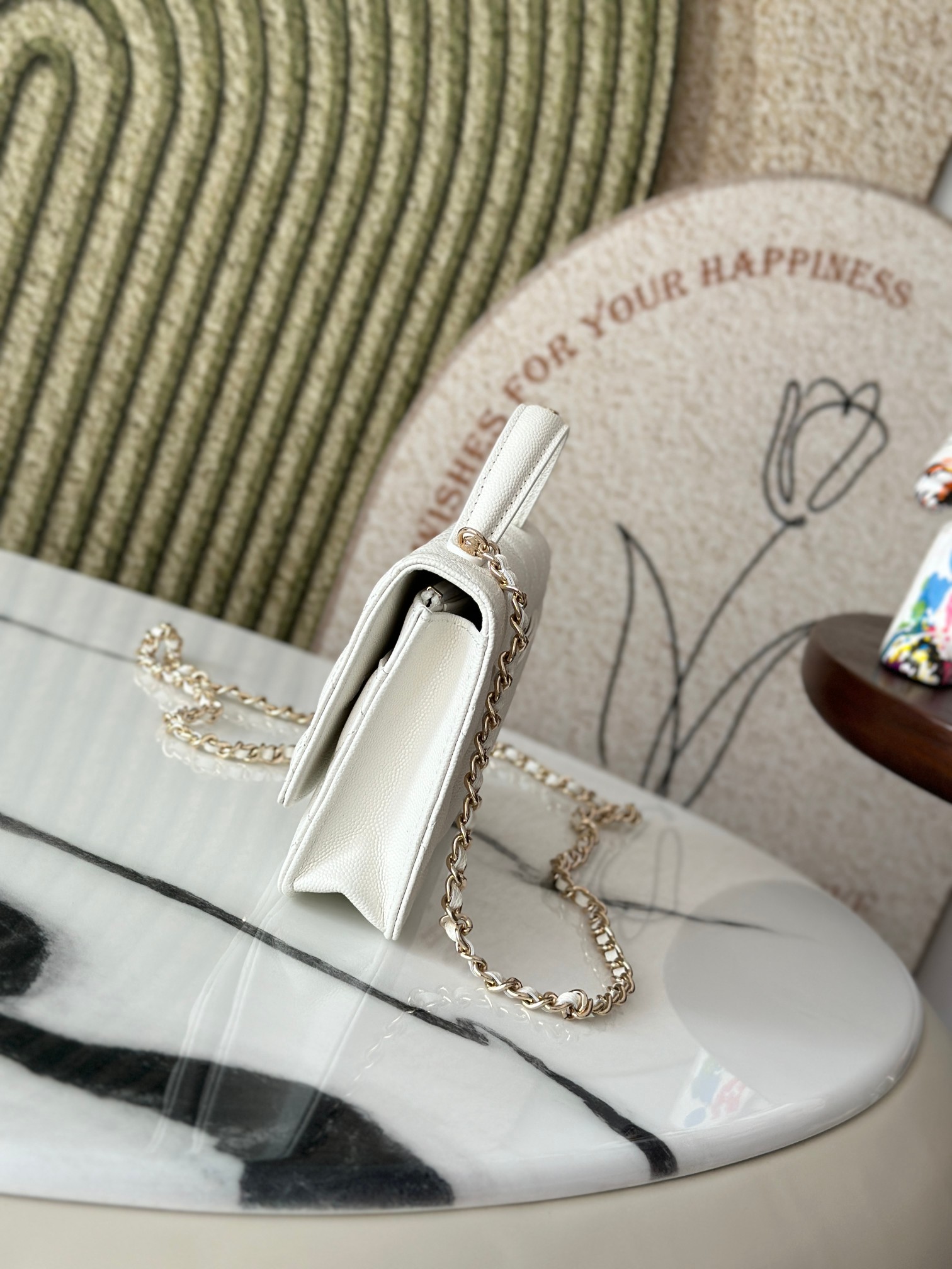 Classic Flap Mini Bag with Top Handle in White Caviar Leather with Light Gold Hardware (Model AP3341)