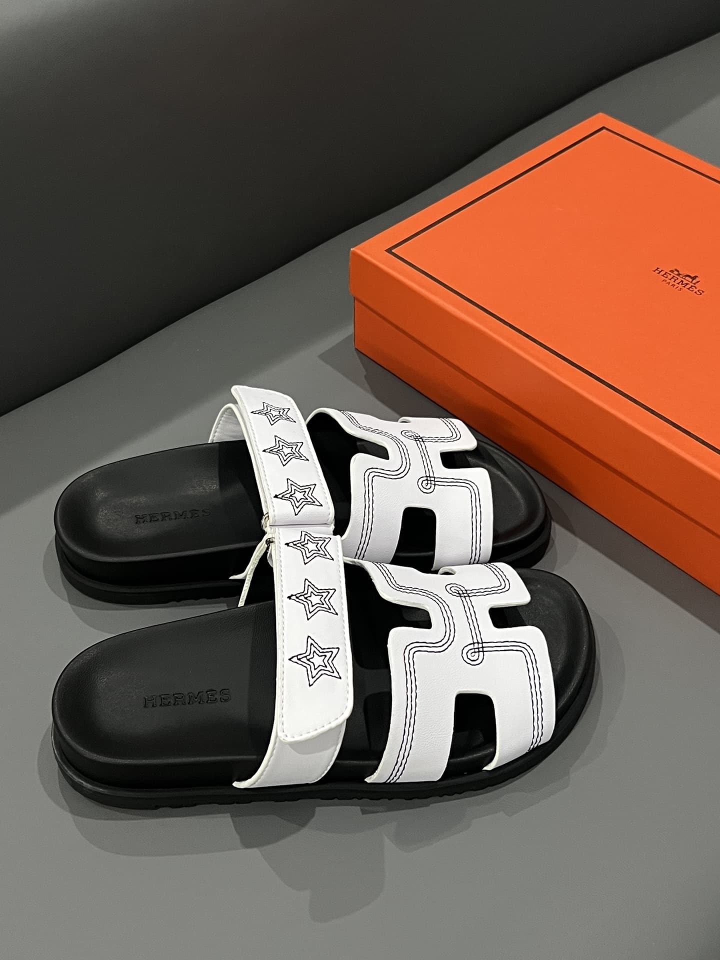 Hermes Chypre Sandal Star Stitched Blanc White