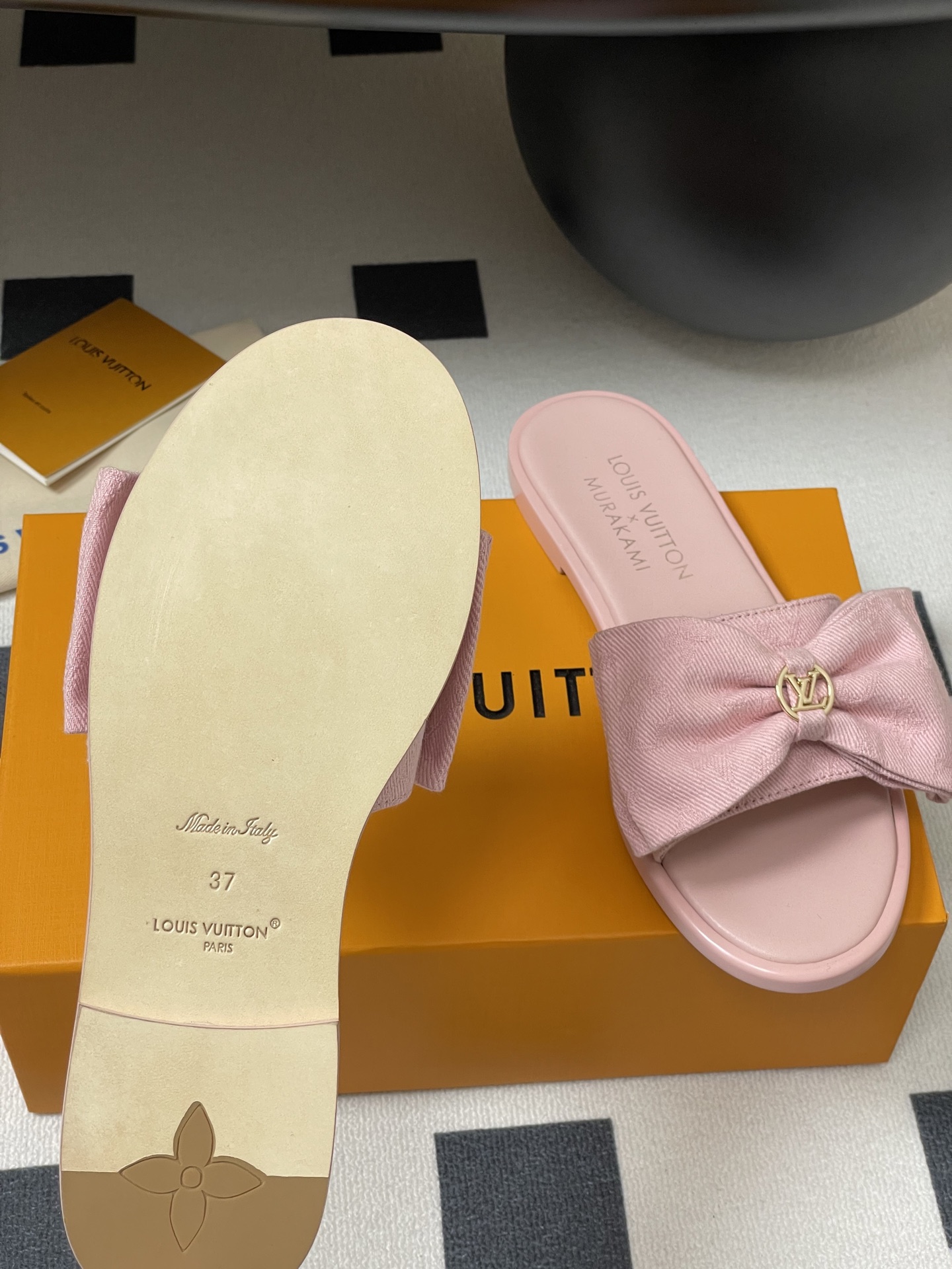 Louis Vuitton x Takashi Murakami Lily Flat Mule Bow Slide Sandals Black Canvas 1AGVYA