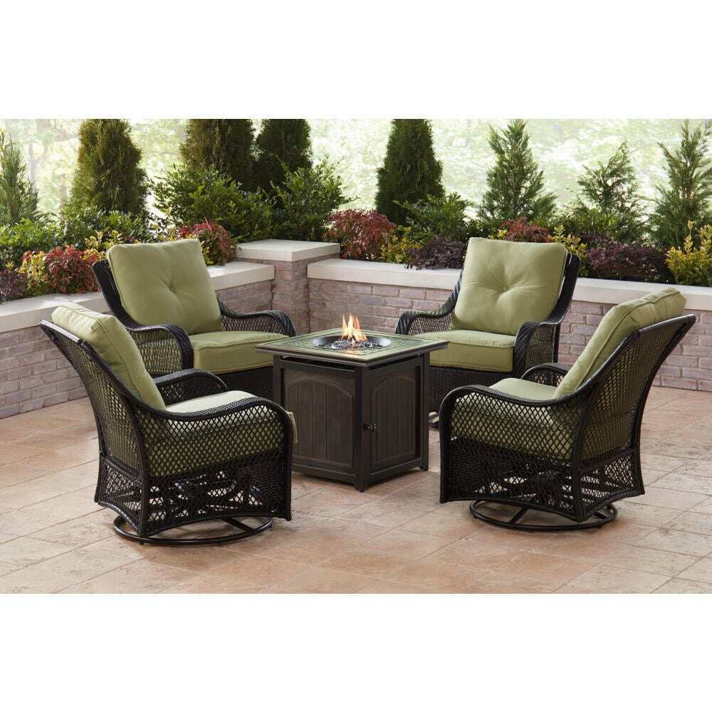 ORLEANS 5-PIECE STEEL PATIO FIRE PIT CONVERSATION SET WITH CUSHIONS, SWIVEL GLIDERS AND SQUARE FIRE PIT TABLE