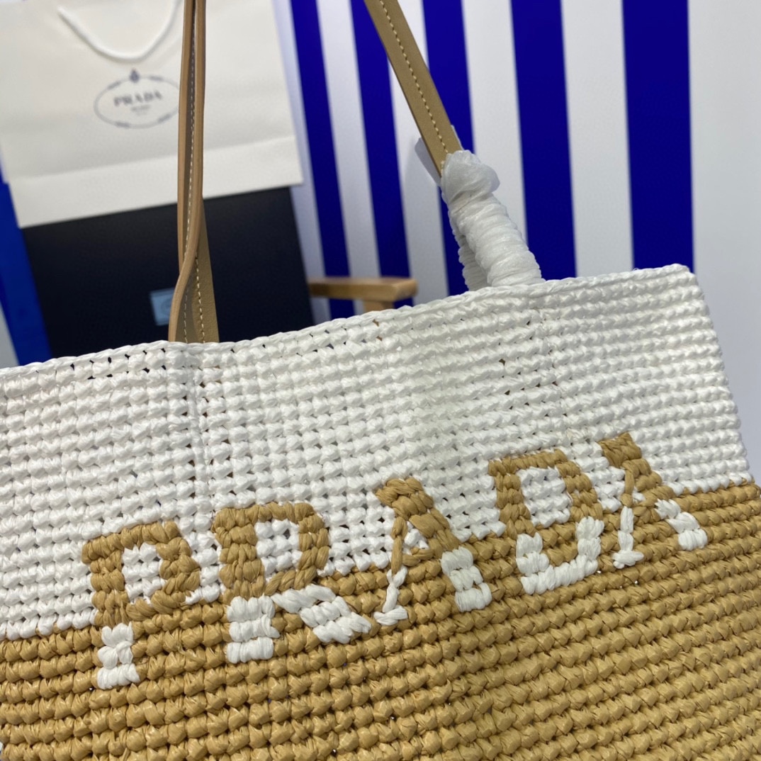 Prada Raffia Tote Bag Beige 23cm
