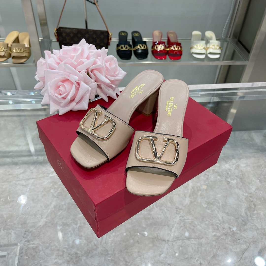 Valentino VLogo Signature Square-Toe Mid-Heel Slide Sandals – Silver & Poudre