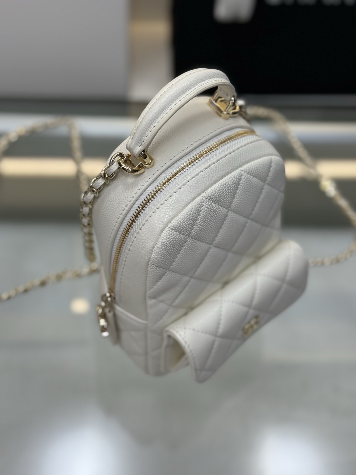 Mini Backpack with Chain (AS3787) in White Caviar Leather with Gold-Tone Hardware, 24C Cruise Collection