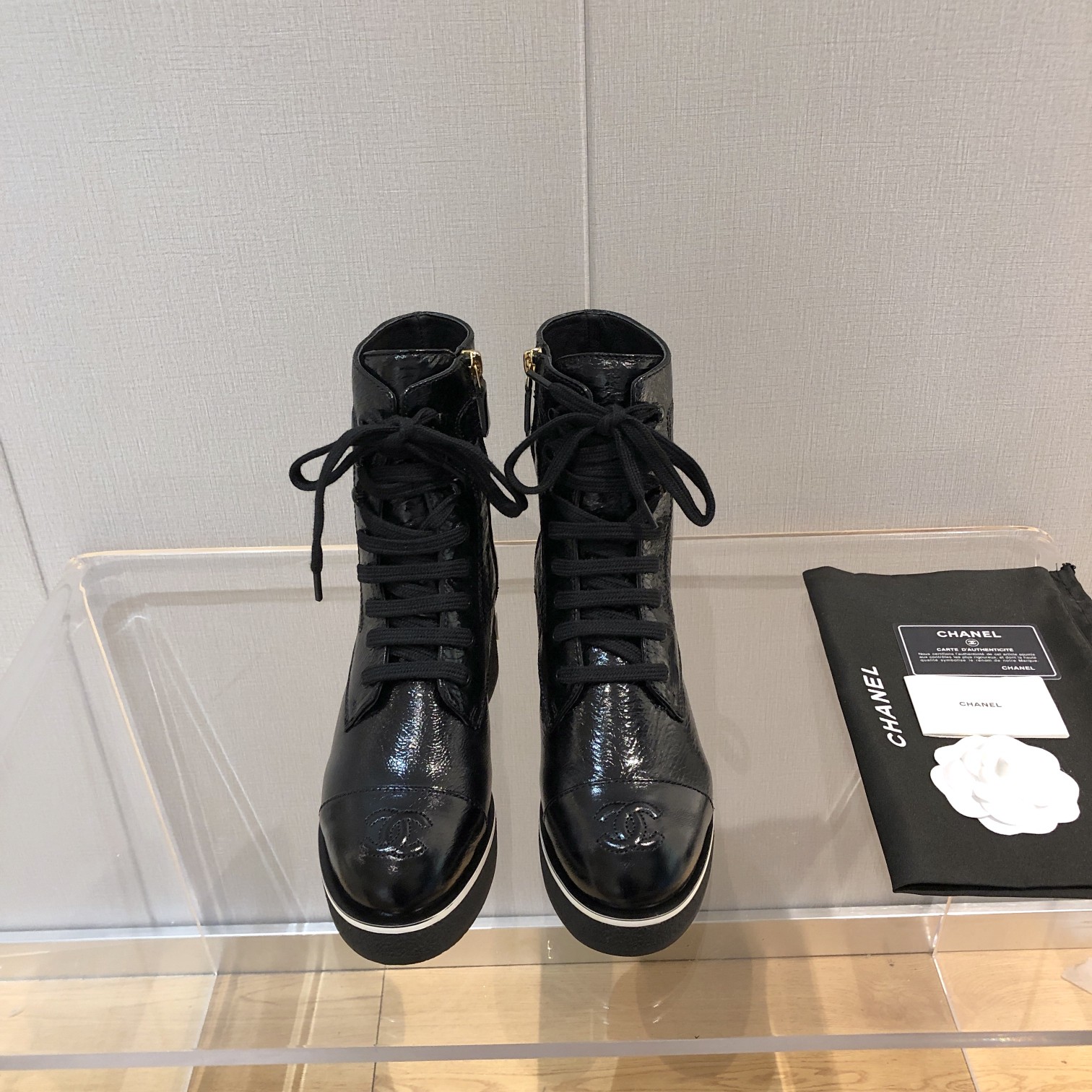 Chanel White Logo Crinkled Leather Combat Boots For Women