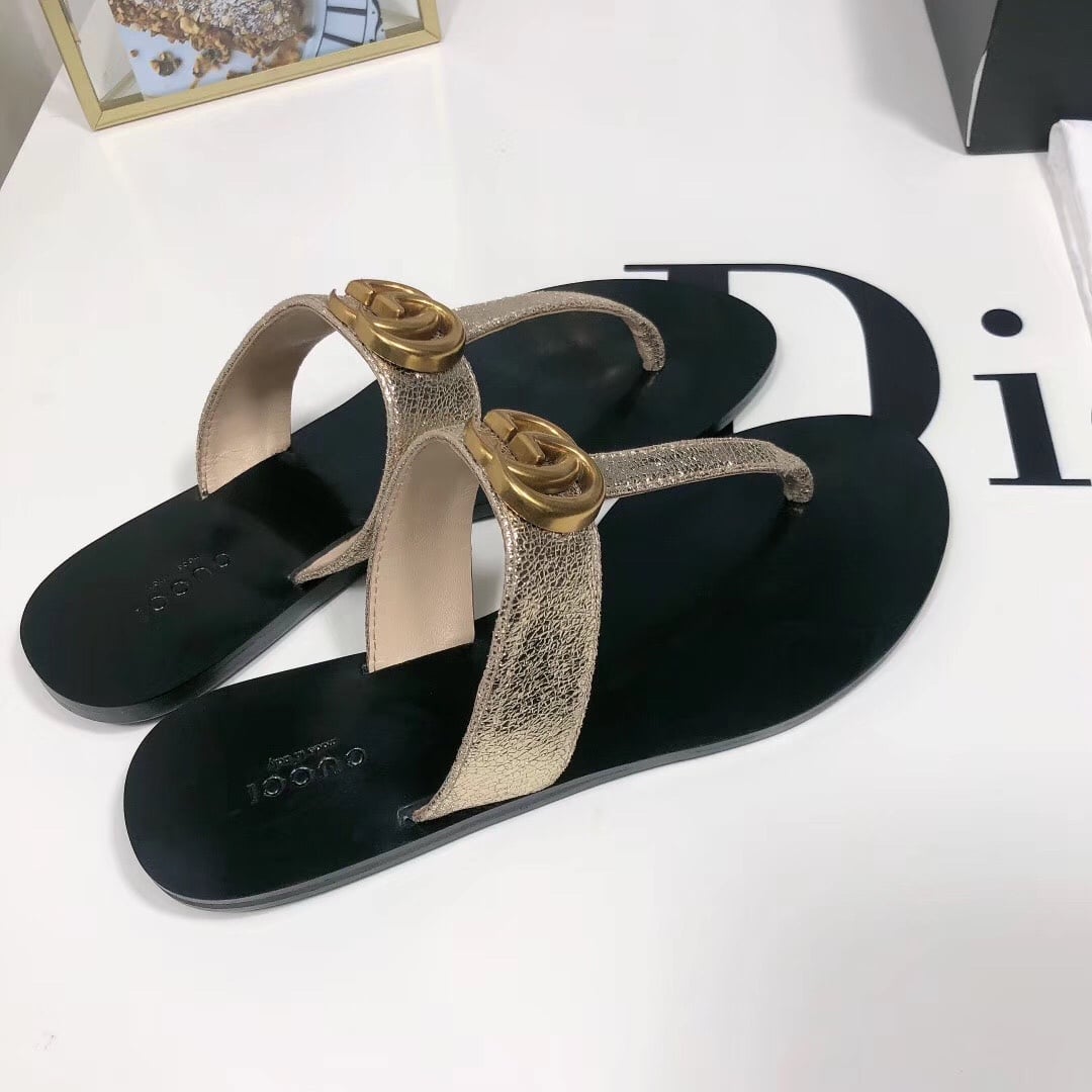 Gucci Double G Thong Leather Metallic Gold ?497444 0B7N0 7100