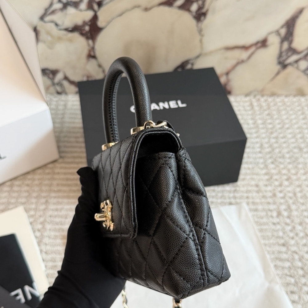 Chanel Mini Flap Bag With Top Handle Shiny And Gold Tone Metal Black 15Cm AS2215 B05061 94305