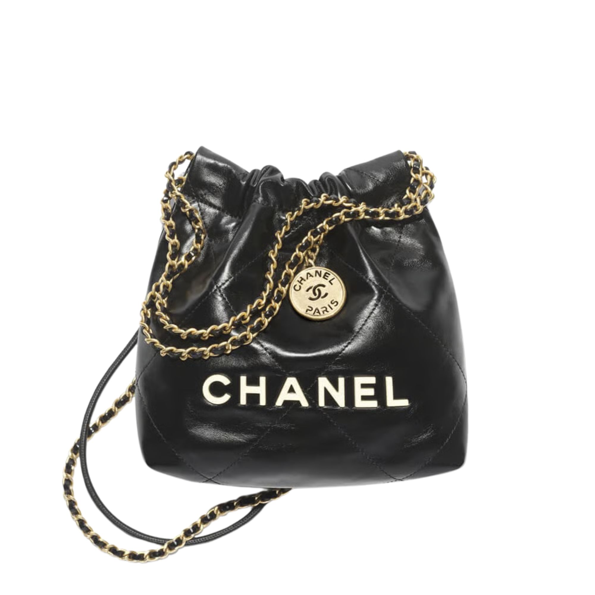 Chanel Mini 22 Handbag Shiny Calfskin & Gold Metal Black 20cm