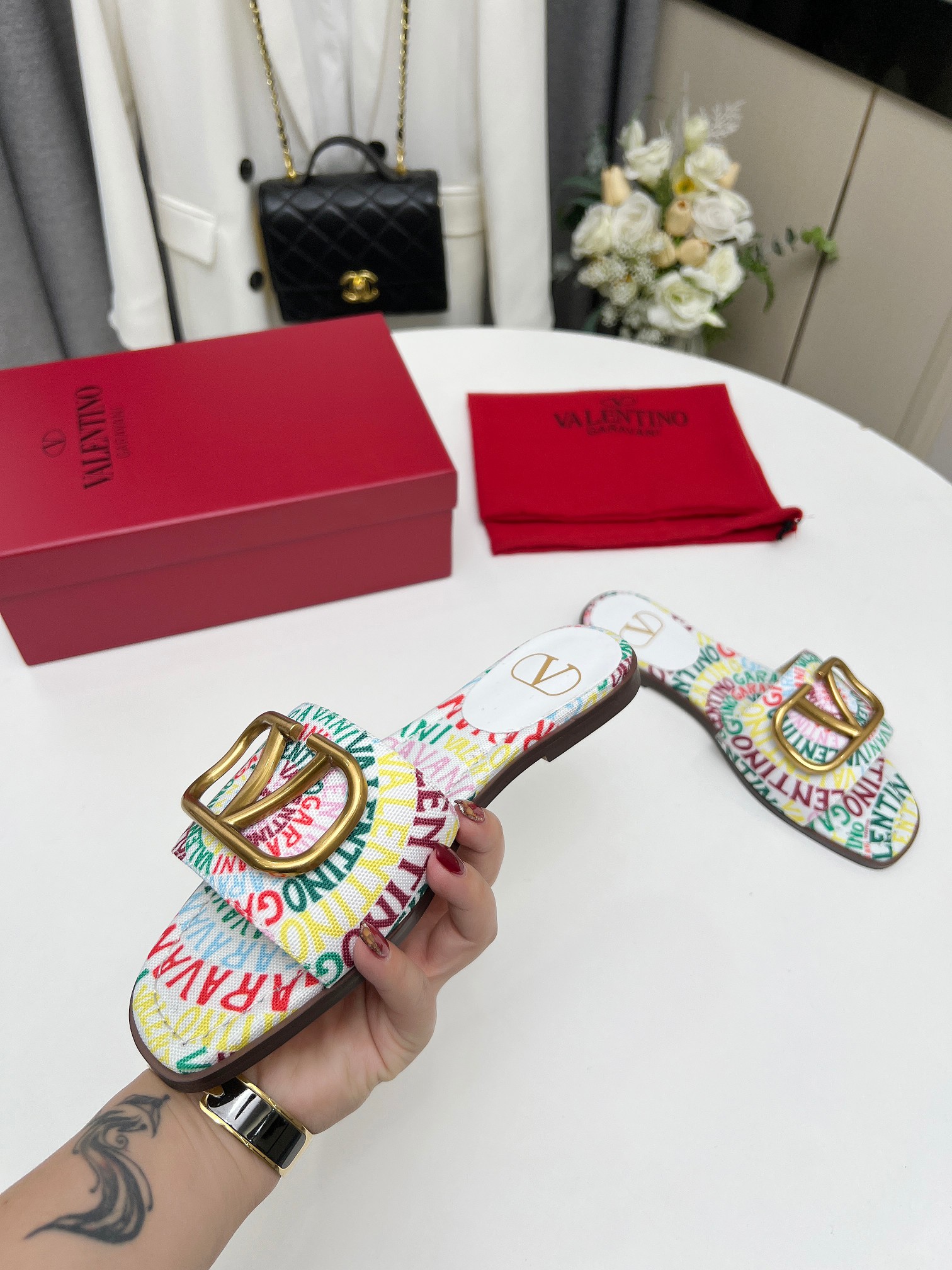 Valentino Garavani Escape Slide Sandal In Canvas With Valentino Loop Print Ws0Bd5Ful Qd7