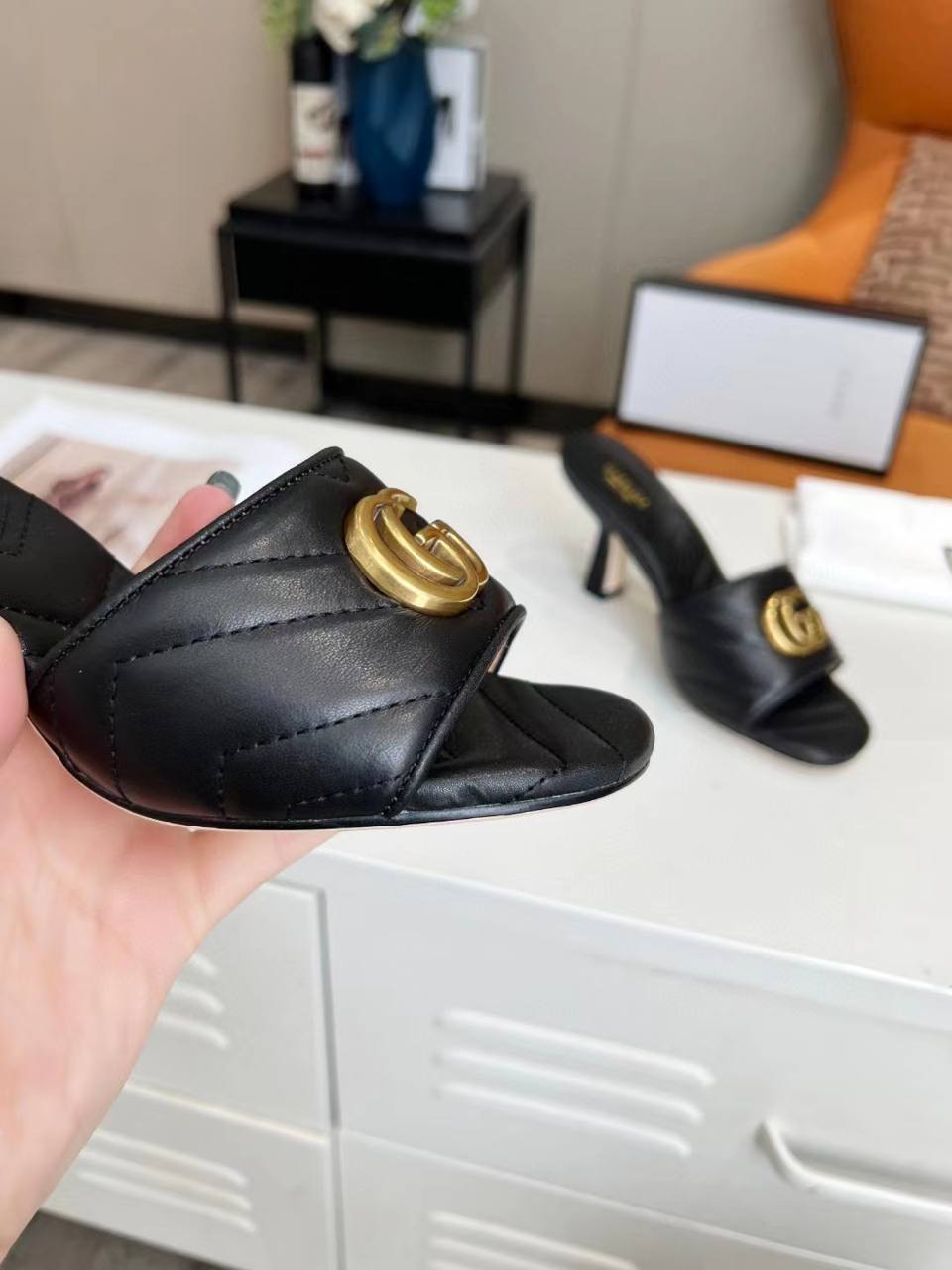 Gucci Marmont Double G Leather Mules Black 674839 Bko00 1000